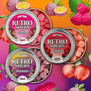 Iconic Candy Retro Sour Tins Hard Tangy Candy Raspberry Red Apple & Passion Fruit 3 Pack 2.12oz Nostalgic Snack Sweet TikTok Candy - Bonbon