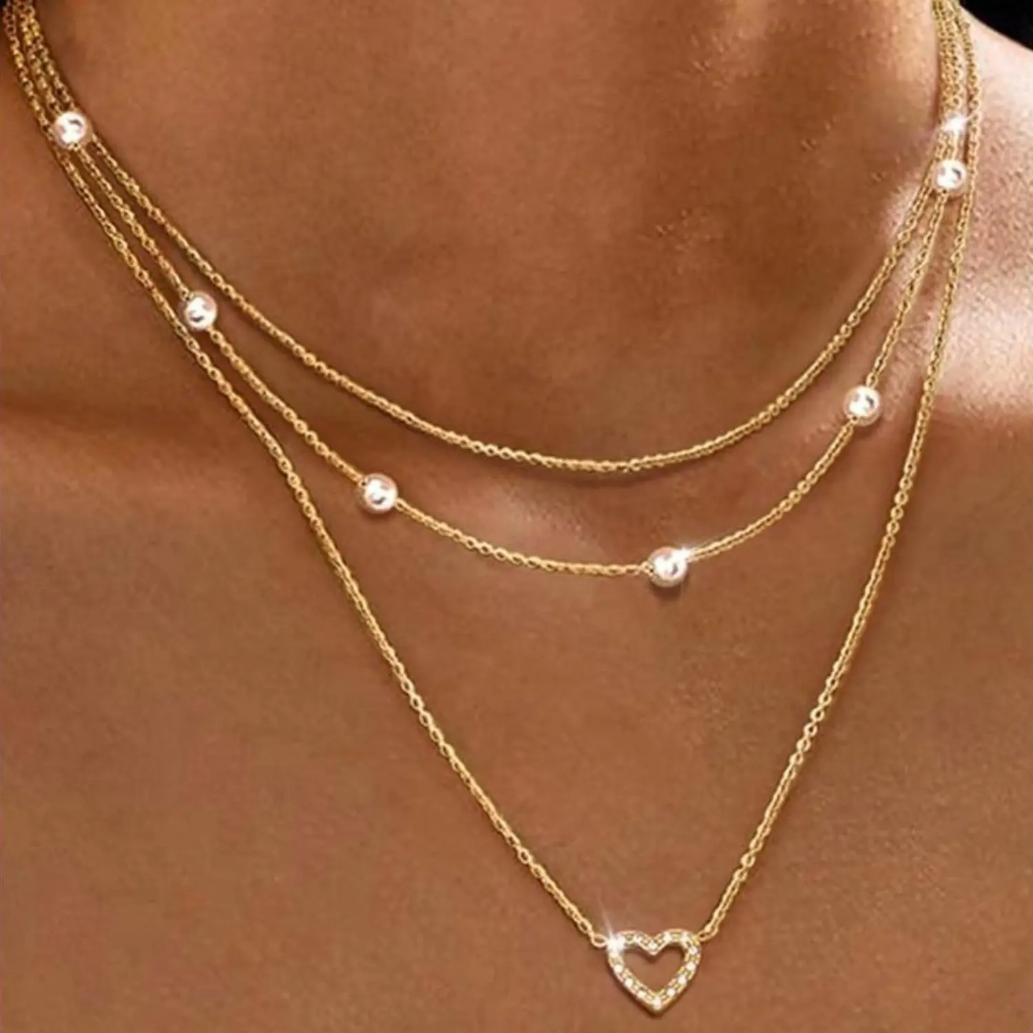 YADOCA 3Pcs Necklaces for Women 14K Plated Gold Necklace Set Gold Heart Necklace CZ Layered Necklace Pearl Heart Pendant Necklace Silver Jewellery for Women - with Jewellery Box