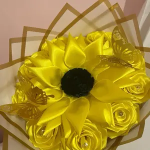 Sunflower and Yellow Rose Eternity Bouquet with Gold Butterflies and Black Center