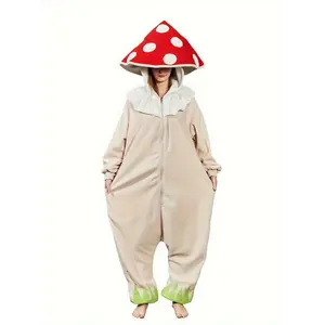 [Halloween Mushroom Jumpsuit] Cozy Polyester Adult Halloween Mushroom Jumpsuit Pajamas - Hooded Onesie with Red & White Spotted Hat, Zip-Up, Machine Washable for Men & Women - Ideal for Costume Parties & Lounging