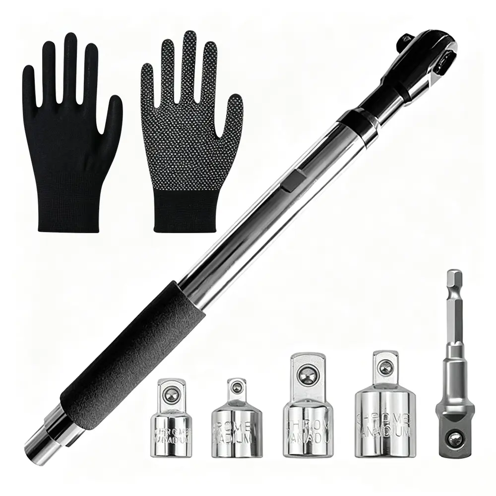 1Set 1/2" Offset Extension Wrench, Includes 4 Socket Adapters and Drill Adapter for Tight-space Fastening in Engine Bays, Appliances, Furniture and Plumbing