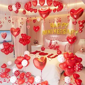 Valentines Day Balloons, Anniversary Decorations for Bedroom, Banner, Red Heart Balloons, Heart Hanging String, Rose Petals, Ideal for Valentines Day, Anniversary