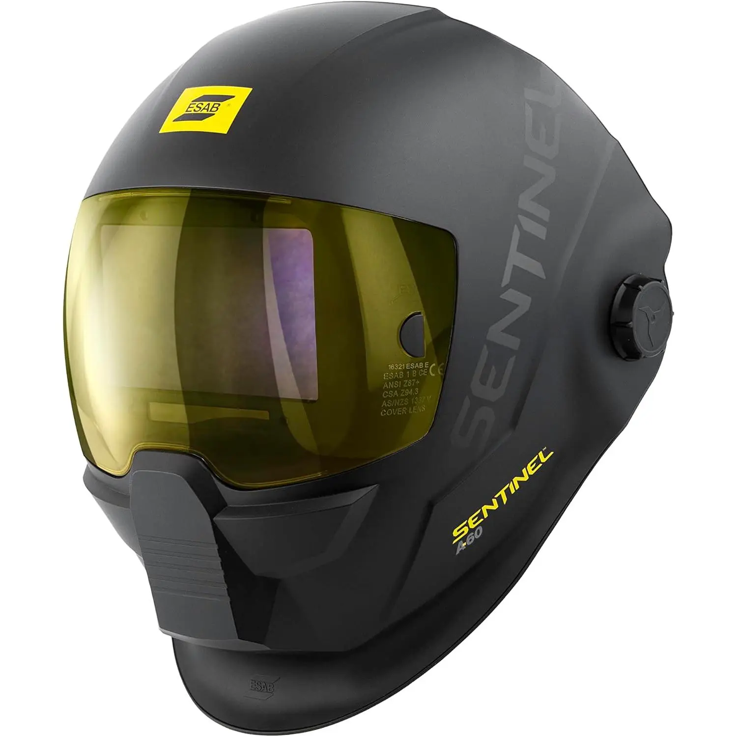 A60 Welding Helmet - Black Low-Profile, High-Impact Resistance Nylon Construction, Adjustable, 4.65 x 2.80 in Large Viewing Area, DIN 3/5-13, Arc Sensors, Esab Optics True Color Lens Technology, On-Board Memory, Grind Mode, 9 Settings