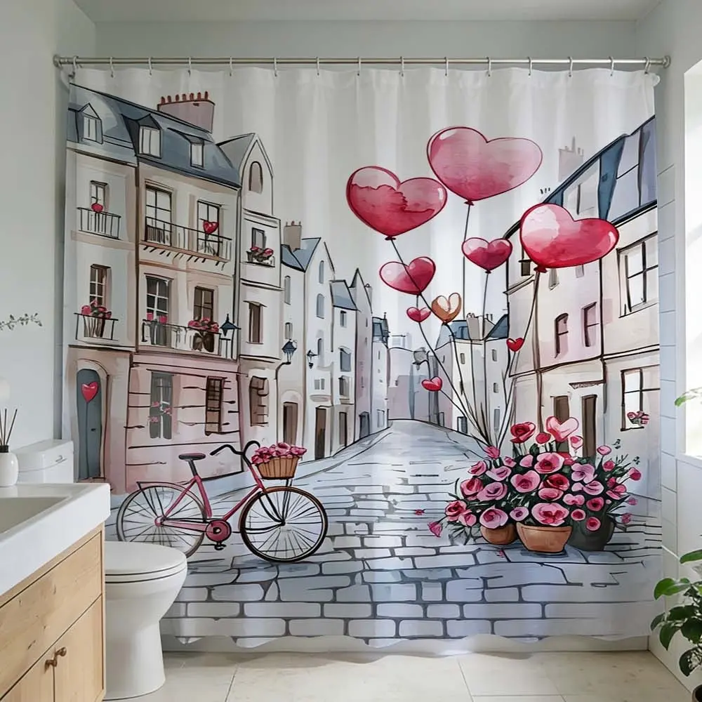 1 Pc Romantic European street scene shower curtain featuring heart-shaped balloons and bicycle design perfect for enhancing bathroom decoration with charming prints suitable for creating a cozy ambience adding a touch of whimsy to bathroom renovation and