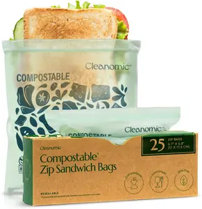 Cleanomic Compostable Sandwich Size Food Storage Bags, 25 Eco Zip, Freezer & Leak Proof