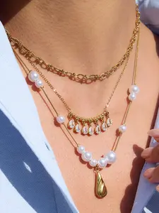 Classic 18K gold-plated snake bone necklace, white teardrop shaped zircon O-chain necklace, women's stainless steel layered necklace, perfect Valentine's Day gift