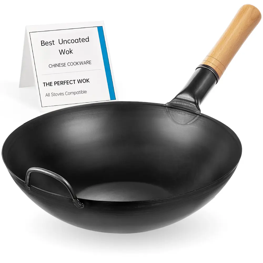Non-Stick Wooden Handle Iron Wok Cookware, Flat Bottom Multi-Purpose Pan for Gas Stove & Induction Cooker, Black Finish for Deep Frying & Stir Frying