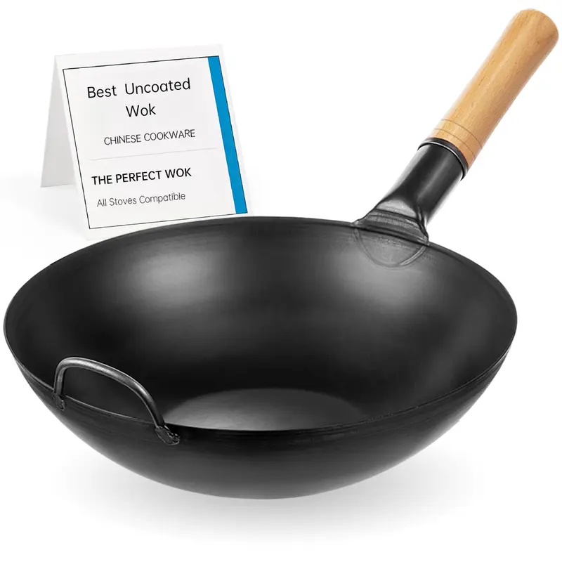 Wooden Handle Iron Wok-Non Stick, Multi-purpose Kitchen Flat Bottomed Pan, Suitable For Gas Stove And Induction Cooker Cooking, Black Finish, Perfect For Deep Frying, Stir Frying, And Cooking