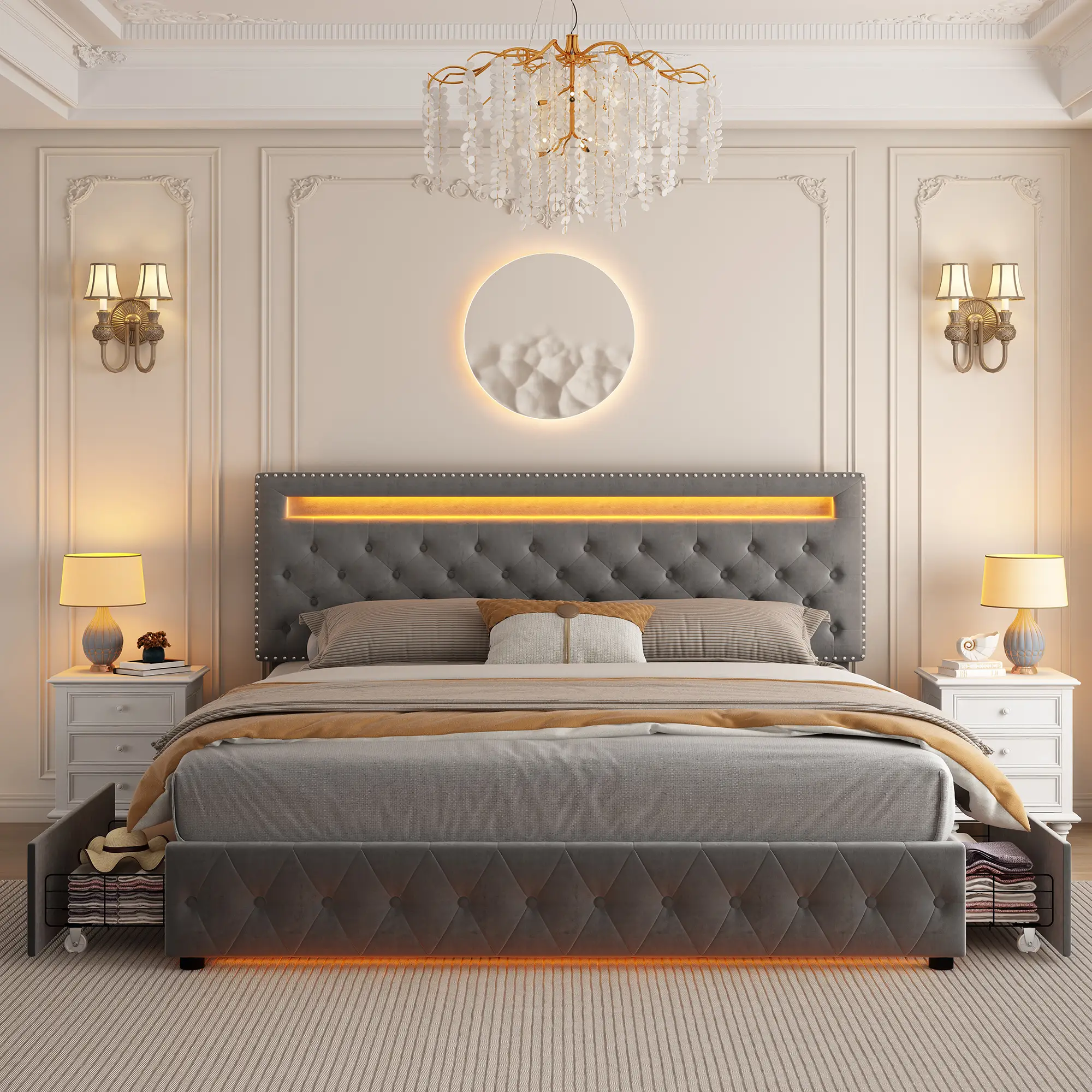 Modern Upholstered Full Size Bed Frame with Adjustable LED Headboard, 4 Storage Drawers, Strong Wood Slats, No Box Spring Needed, Gray