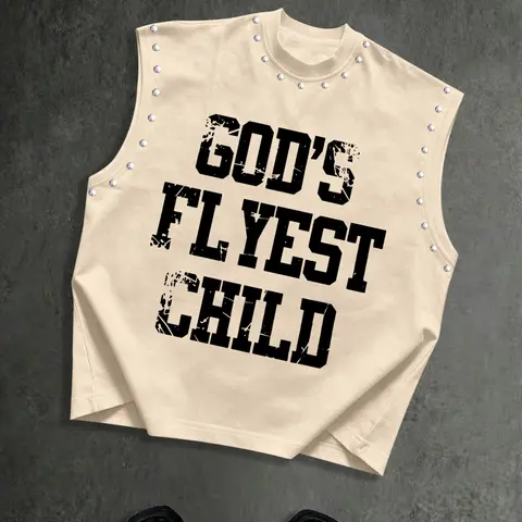 Men's Street Style Sleeveless Vest, Rivet Decor, Loose-Fit, Oversized, Round Neck, High-Street Fashion, Casual, Classic, Vintage Look, Streetwear, Menswear, Sleeveless Vest Tops