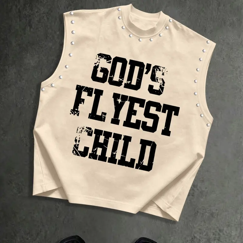 Men's Street Style Sleeveless Vest, Rivet Decor, Loose-Fit, Oversized, Round Neck, High-Street Fashion, Casual, Classic, Vintage Look, Streetwear, Menswear, Sleeveless Vest Tops