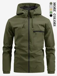 Men's Zip Up Drawstring Pocket Hooded Jacket, Winter Clothing Men, Regular Fit Casual Long Sleeve Outerwear for Daily Wear, Plain Longsleeves Zipper Tops, Men Clothing