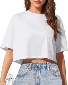 Women's Basic Crop Top Drop Shoulder T-Shirt Half Sleeve Cropped Tee Crewneck Short Sleeve Casual Summer Solid Crop Tops Womenswear Minimalist