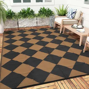 GARVEE Outdoor Rug 8x10 Waterproof Outdoor Plastic Straw Rug for Camping with Carry Bag, Reversible Easy Cleaning Checkered Floor Mat Outside Carpet for RV Patio Backyard Deck Picnic,Black Brown