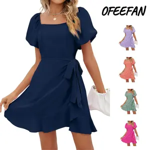 OFEEFAN Womens Summer Dresses Square Neck Puff Sleeve Tie Waist Short Dress