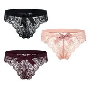 sasiga Women Lace Bow Thongs,T Back Low Waist Panties Sexy V-Shape Design Floral Lace,Breathable Panties for Women 3-Pack