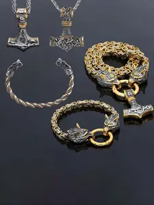 Vintage Viking Wolf Head Necklace Bracelet Set, Punk Gothic Style, Fashion Jewelry for Women & Men, Party Accessories, Gift Ideas, Couple Jewelry Set