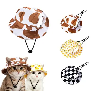 Pet Bucket Hat for Cats Dogs with Ear Holes, Adjustable Sun Protection Cap for Outdoor Travel, Cute Printed Style for Small Medium Pets