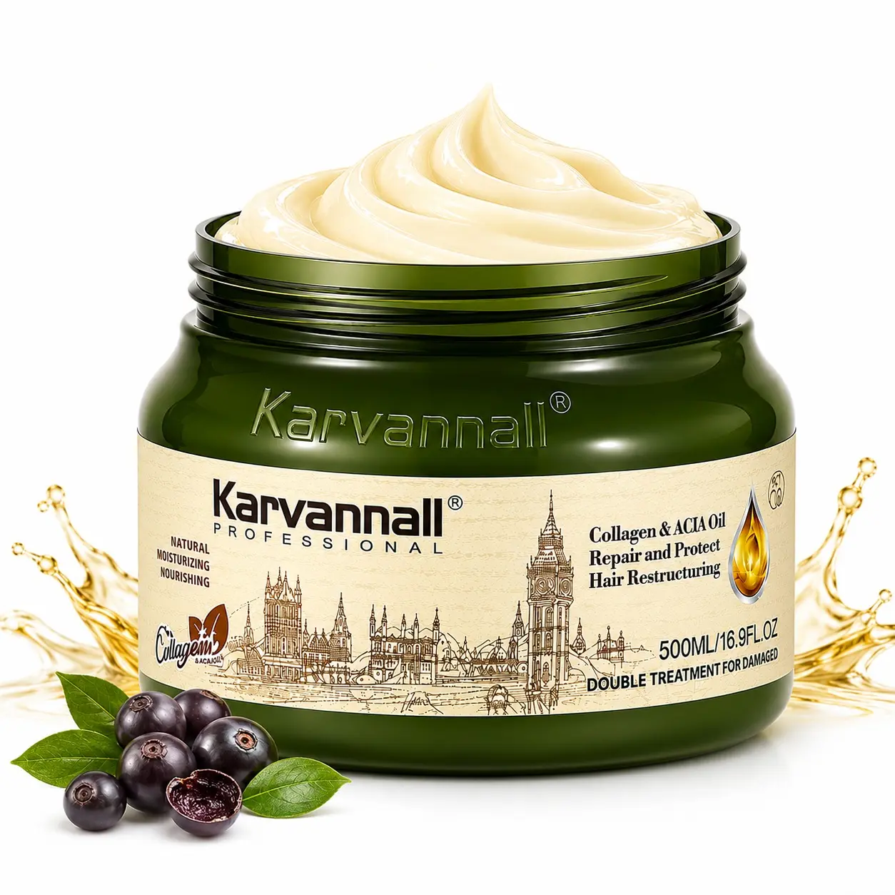 Karvannall Professional Unisex Salon Haircare Double Treatment Collagen & Acai Berry Oil Hair Mask - 16.9 fl.oz Deep Conditioning UV Protectant, Repair, Moisture, Nourishing for Brittle Damaged Bleached Curly Hair, 72-Hour Frizz Control, Acai Extract