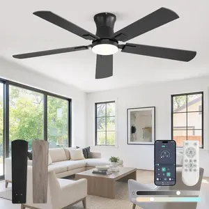 52 inch ceiling fan with light, Low Profile Ceiling Fan with Light, App&Remote Control, Dimmable LED Light, Flush Mount Ceiling Fan for Indoor Bedroom Living Room, Qiuet DC , Black