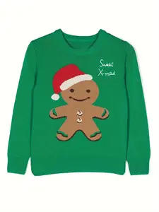 Women's Gingerbread Man Graphic Sweater, Casual Long Sleeve Round Neck Jumper, Women's Knitwear Top for Holiday, Ugly Christmas Sweater