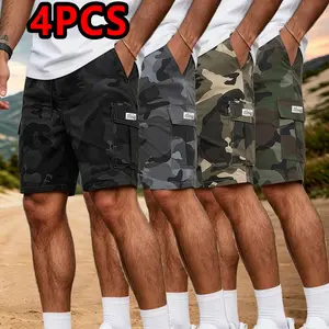 4-piece camouflage cargo shorts set for men—loose straight-leg tactical casual shorts with multiple pockets, American street fashion design, breathable quick-dry fabric that resists sweat, durable wrinkle resistance, easy care, suitable for outdoor leisur
