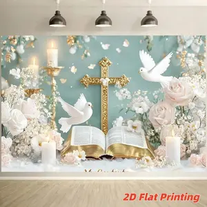 2D Flat 1pc Mint Green Gold Cross Religious Backdrop Banner, Dove Bible White Rose Candle Photography Background, Ideal for Baptism, First Communion, Christian Wedding Decor, Multiple Sizes Available, Wedding Arched Backdrop