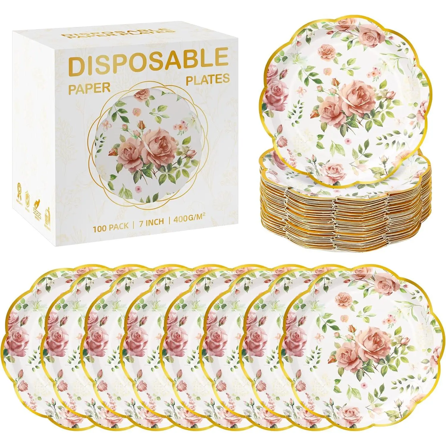 Kochorie 100 PCS Scalloped Party Plates, 7 Inch Disposable Floral Paper Plates, Pink Flower Paper Plate, Floral Dessert Plate Bulk for Birthday Bridal Baby Shower Wedding Party Supplies2026
