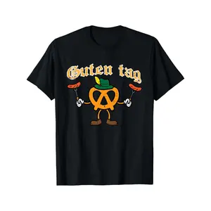 Oktoberfest Guten Tag Pretzel Sausages Graphic T-Shirt for Men and Women - Casual Black Cotton Tee with Colorful Print, Machine Washable, 180g, Seasonal Fashion | Playful Graphic Tee | Machine Washable Top