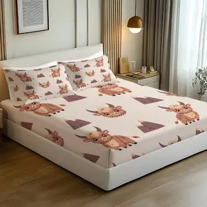 3pcs Highland Cow & Mountain Print Fitted Sheet Set, Microfiber Bed Sheets, Premium Double Brushed Microfiber Deep Pocket Fitted Sheet Queen Size (No Fillers), Ultra Soft Fitted Sheet, Shrinkage, Fade Resistant for Kids & Rustic Bedroom
