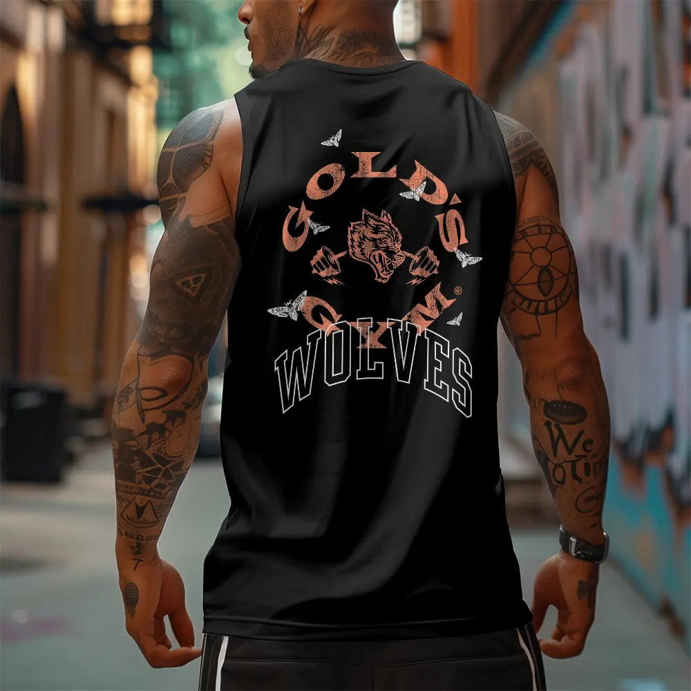 Gold GYM Wolf Icon 90s Graphic Sleeveless Tank Tops Men Vest Streetwear Outfits Men Vacation Outfits Sleeveless Shirt