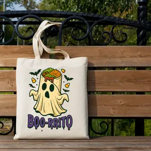 Boo-rrito Halloween Tote Bag - Funny Spooky Ghost Burrito Design 13" X 14" Lightweight Eco-Friendly Reusable Tote for Trick-or-Treating & Everyday Use