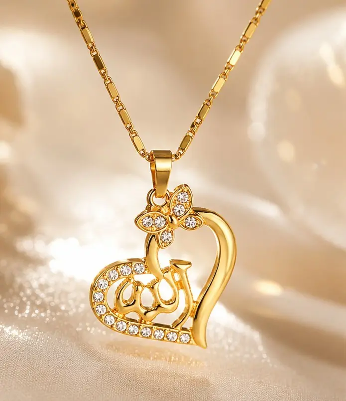 Islamic Allah Heart Pendant Necklace – Gold Tone Crystal Accent Arabic Calligraphy Jewelry