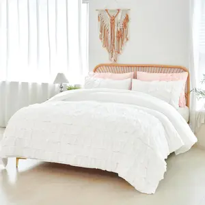 White Queen Comforter Set, 3 Pieces Girls Ruffled Bedding Sets Vintage Bedding, Soft Lightweight Farmhouse Boho Bed Set for Girls (White,Queen)