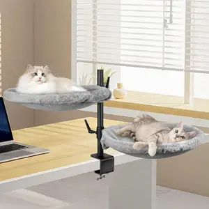 Double  Desk Bed - 2 Large Layers  beds with 360 Rotating & Adjustable Height, Kitten Nest for Desktop with 2 Washable Soft Covers, Kitten Hammock Bed Mount for  Office Grey