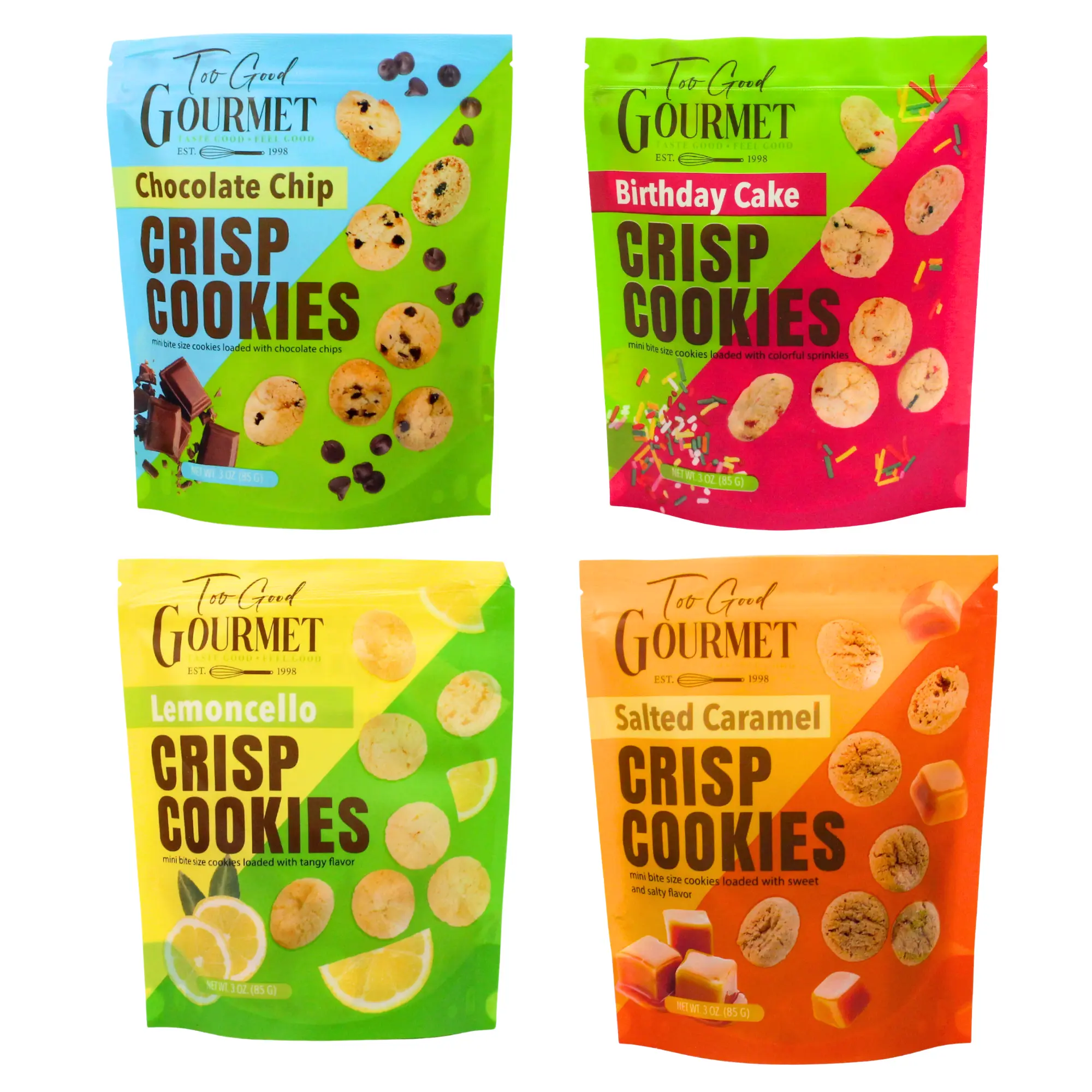 Too Good Gourmet Bite Size Mini Cookies – 8-Pack Variety (Chocolate Chip, Birthday Cake, Lemoncello, Salted Caramel) Crisp 3oz Snack Packs, Sweet Dessert Treats, Perfect for Sharing