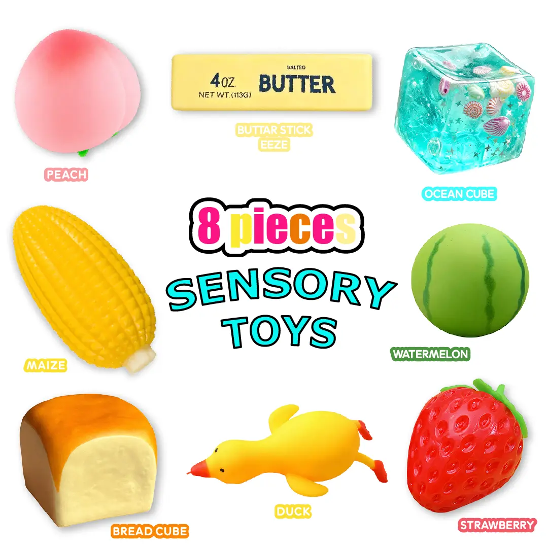 8 Pcs Malt Sugar Stress Relief Fun Toy Set, Squishy Toys, Squishies Cheese, Sensory Combo Pack, Ice Cube, Kids Party Gift Box, Kid Birthday xmas Gift, Kid Stress Relief, asmr Fidget Toy, Moldable Fidget Toy
