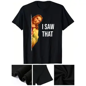 100% Cotton Golf Gift T-Shirt For Men and Women Men's "I SAW THAT" Jesus Meme T-Shirt - Casual Black Crew Neck Tee with Graphic Print, Polyester, Machine Washable - Perfect for All Seasons