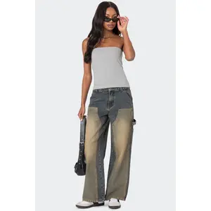 Contrast Panel Washed Mid Rise Baggy Jeans