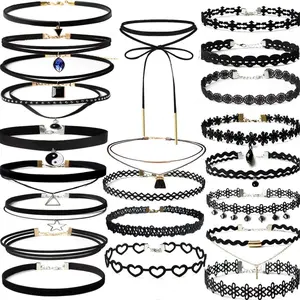 22 Pcs Necklaces Black Velvet Choker Set for Womens Velvet Choker Set Classic Gothic Tattoo Lace Chokers Adjustable for Party Cosplay Christmas Birthday