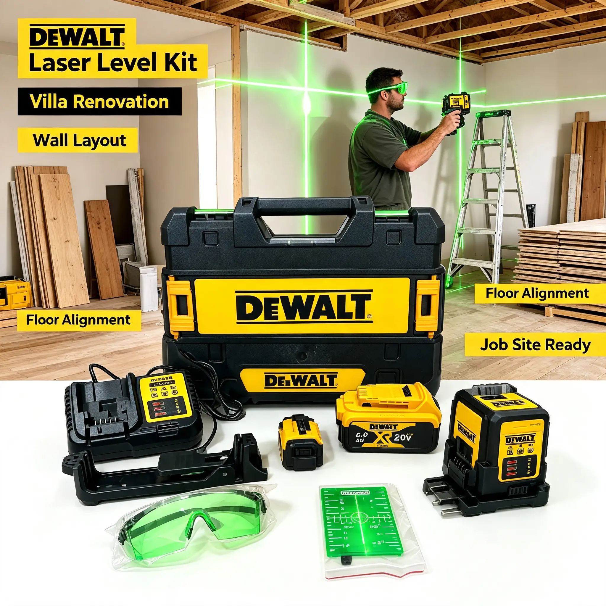 DEWALT DW089LG 12V MAX 12-Line 3x360° Green Self-Leveling Laser Kit With ±1/8In Accuracy And IP65 Rating For Framing Tile Layout And Cabinet Installation complete