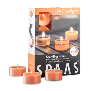 Scented Tea Light Candles in Clear Cups - Exotic Fruits Aroma - Orange Candles for Halloween Home Decoration, Spa, Dinner, and Holiday - Pack of 24