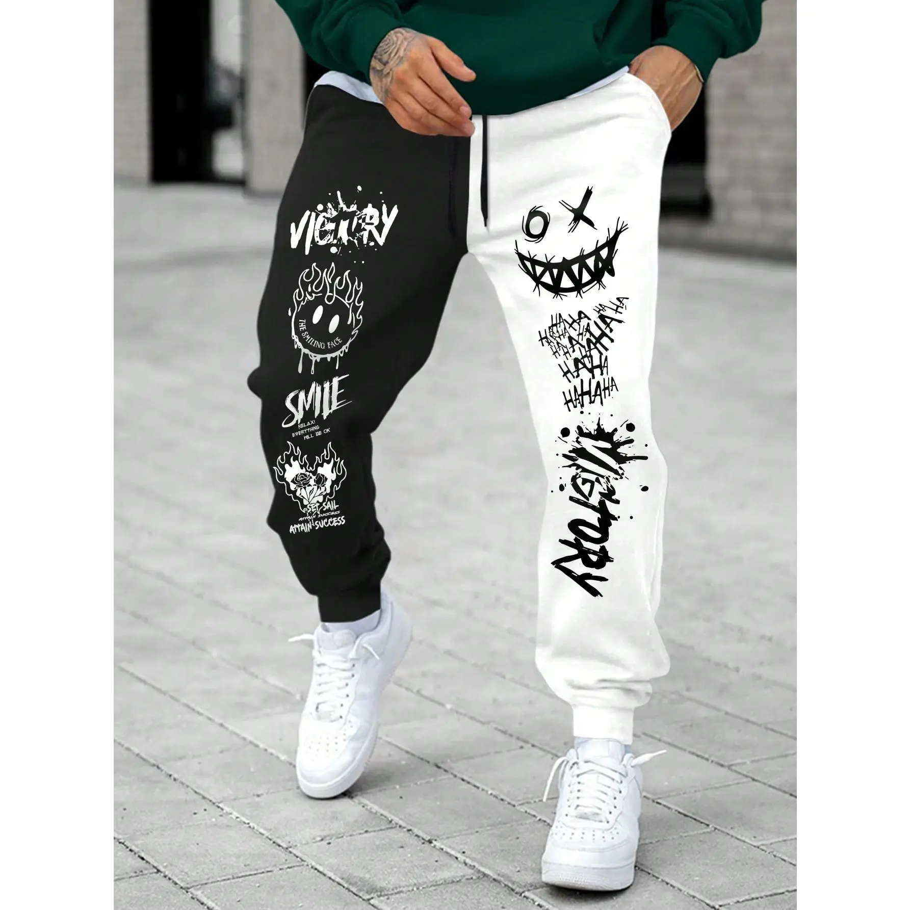 Men's Streetwear Joggers with Playful Graphic and Color Block Design, Athleisure Pants for Athletes with Drawstring Waist and Pockets for Going Out