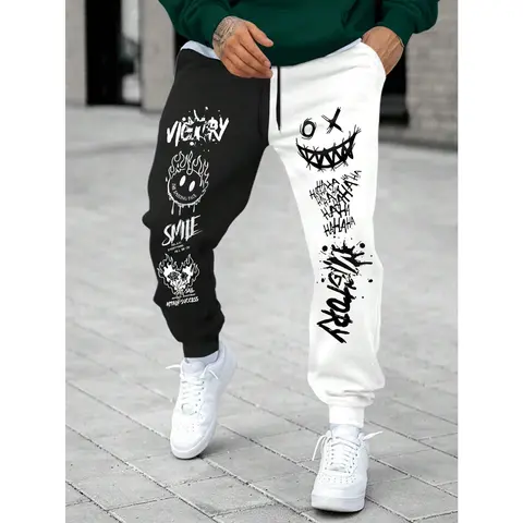 Men's Street Casual Joggers - Mensfashion Drip Clothing for Going Out, Gym, Relaxed-Fit Polyester Pants with Color Block Graphic Print, Pockets, Elastic Drawstring Waist, Standard Sizes, Elastic Drawstring Joggers, Active Joggers