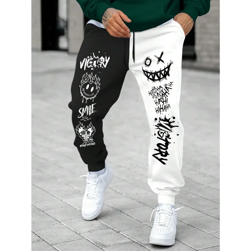 Men's Street Casual Joggers - Mensfashion Drip Clothing for Going Out, Gym, Relaxed-Fit Polyester Pants with Color Block Graphic Print, Pockets, Elastic Drawstring Waist, Standard Sizes, Elastic Drawstring Joggers, Active Joggers