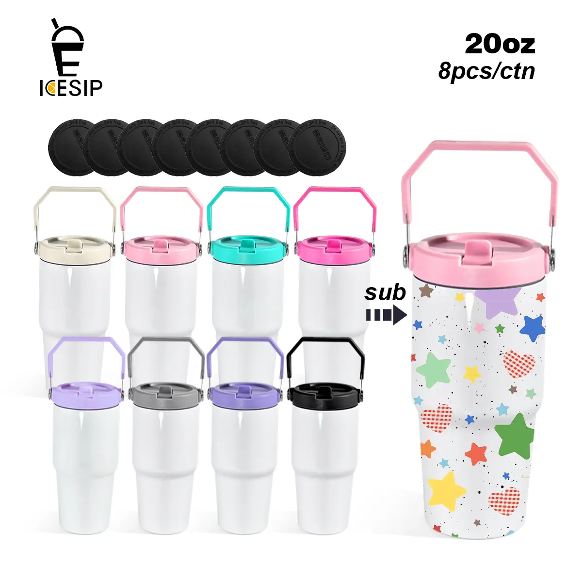 ICESIP 8pcs/ctn 20oz Sublimation Tumbler with Colored Handle Lid Stainless Steel Double Wall Vacuum Insulated Travel Mugs for DIY Crafty Gift, event gifts, Rose Red, Mint Green