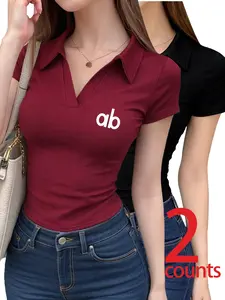 2-Pack Women's Casual Fitted Polo Neck Short Sleeve Tops, Comfortable Soft Fabric, Ideal for Outdoor, Shopping, Parties, Summer Fashion