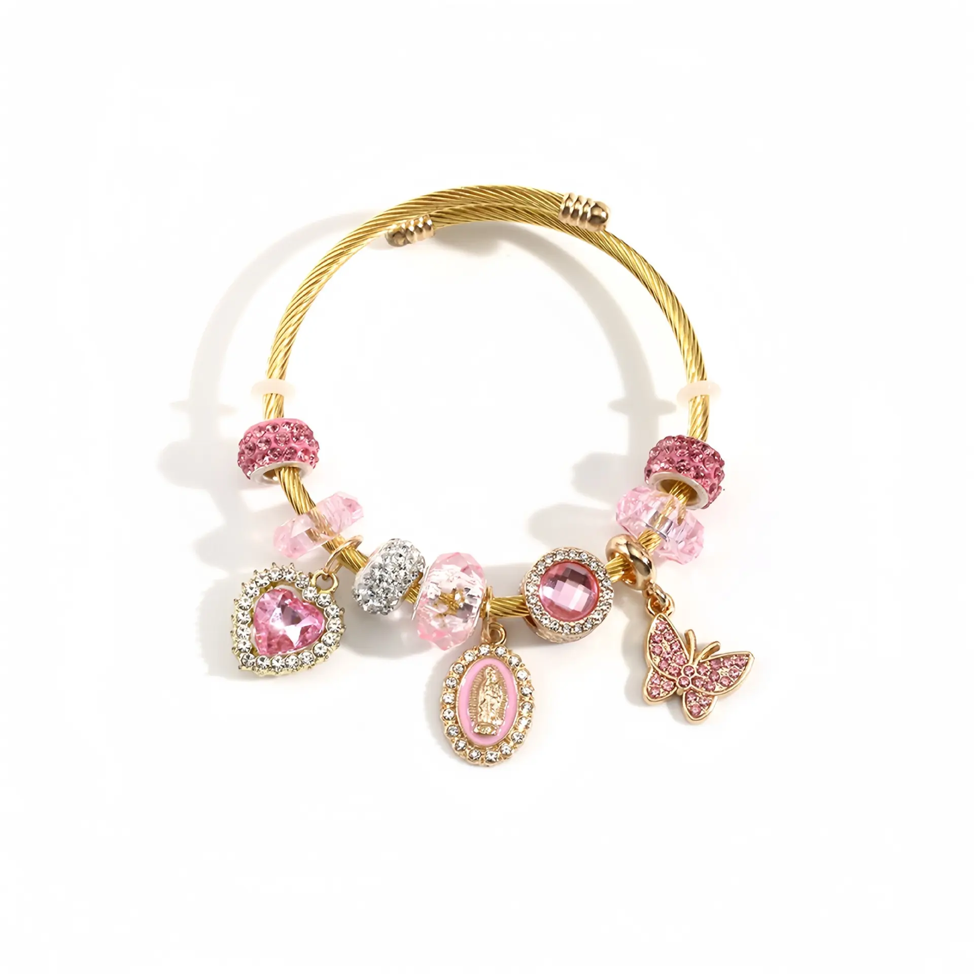 Y2K Pink Charm Bracelet for Women, Sparkly Rhinestone Beaded Bracelet with Heart, Butterfly & Faith Charms, Cute Aesthetic Jewelry Gift for Girlfriend Wife Birthday Anniversary