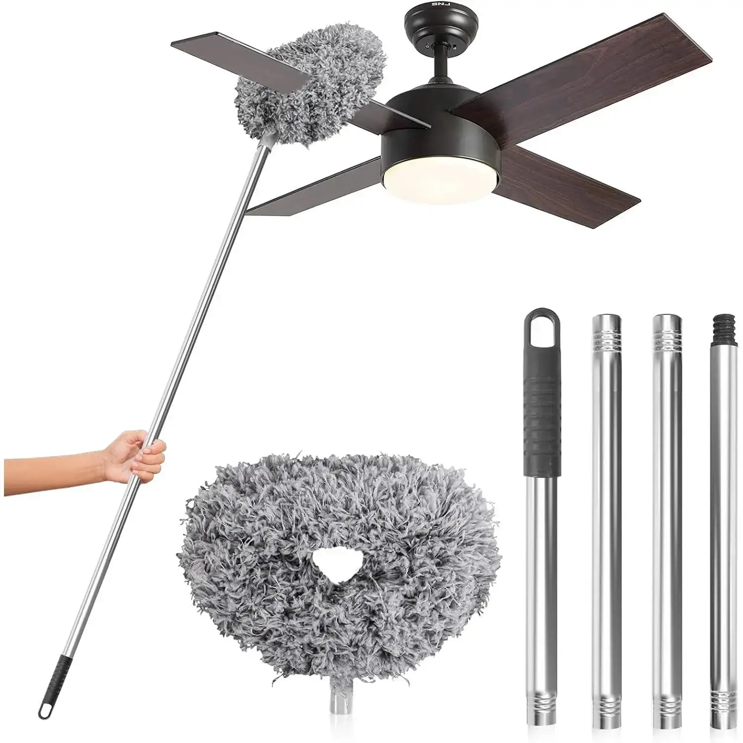 Microfiber Ceiling Fan Duster with Quick-Change Dusting Head, Washable Removable Reusable Cleaning Tool for High Ceilings, Furniture
