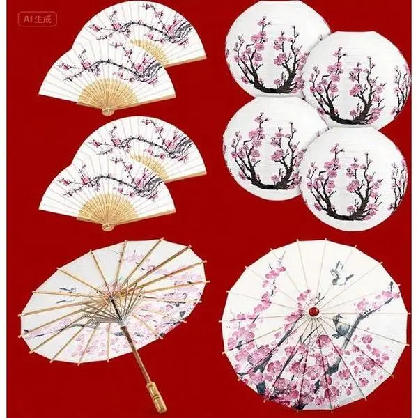 12-Piece Asian-Themed Party Decoration Items Set - 2 Oil Paper Umbrellas, 4 Pink Paper Lanterns, 6 Handheld Folding Fans - Reusable Traditional Japanese Cherry Blossom Ornaments for Wedding, Home Decor